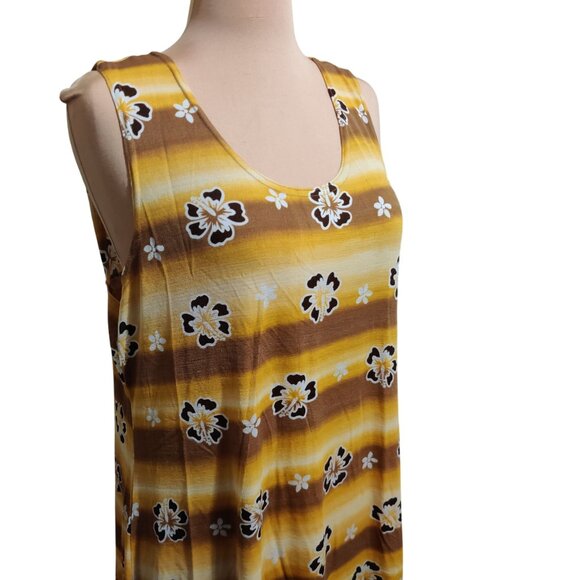 Beware 3XL Vintage Plus Size Floral Stripe Maxi Dress Yellow Brown Made in USA - Picture 2 of 7